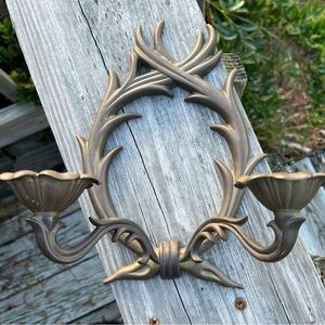 Vintage Brass Metal 2 Arm Wall Sconce Candleholder Gold Floral Leaf